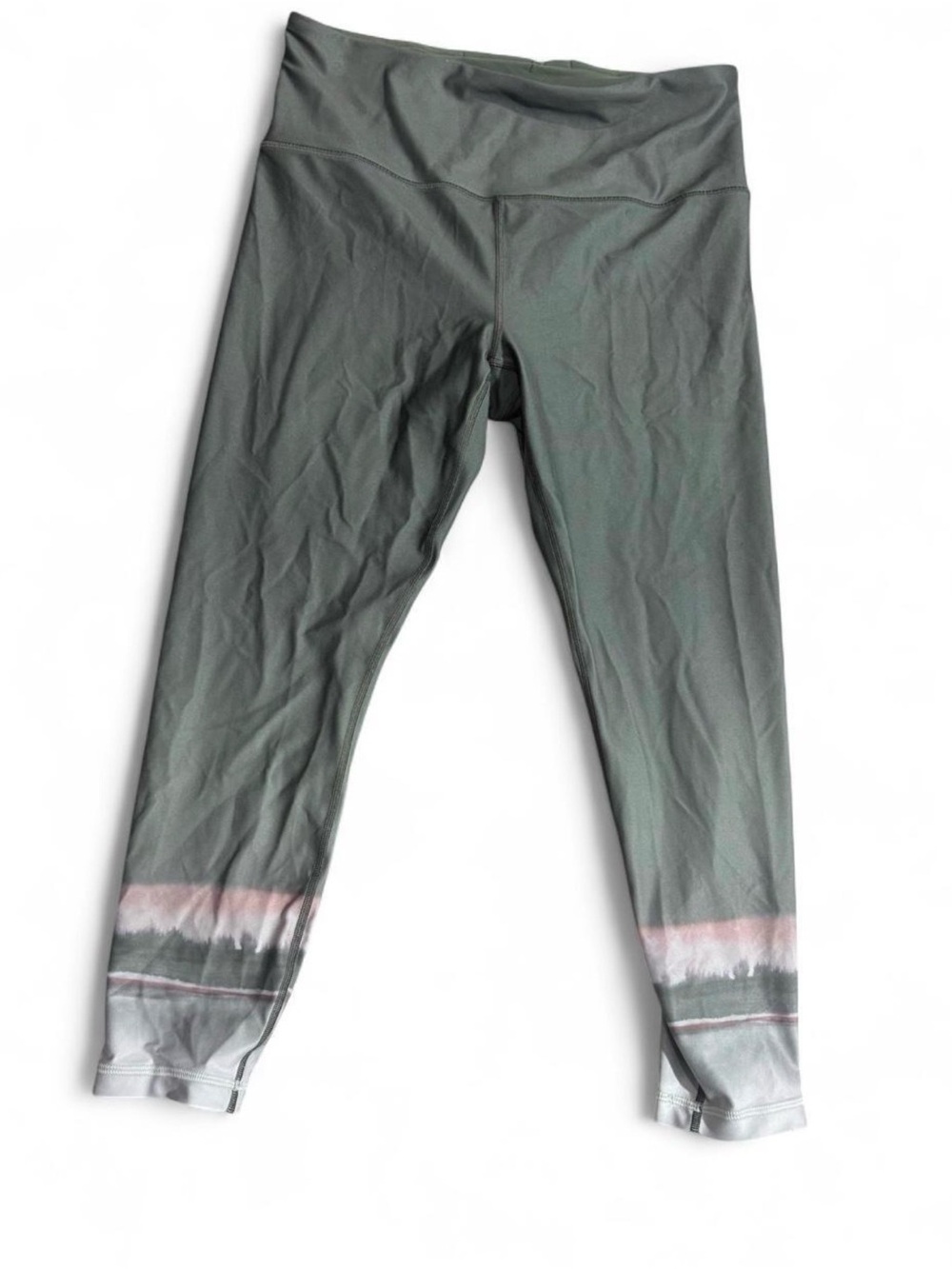 Athleta Olive Green Leggings with Pink & Gray Hem Detail